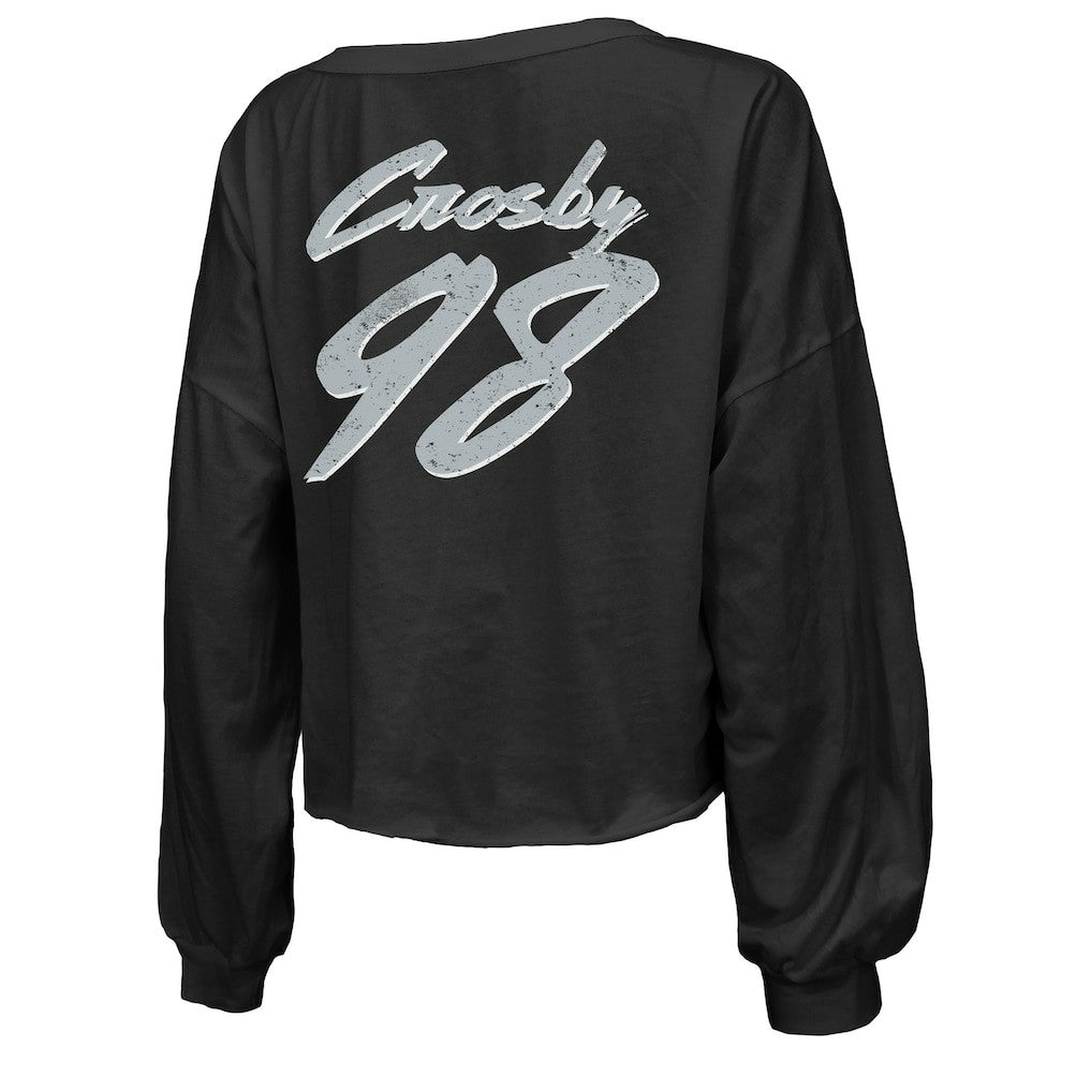 Maxx Crosby Las Vegas Raiders Majestic Threads Women's Name & Number Off-Shoulder Script Cropped Long Sleeve Relaxed V-Neck T-Shirt Black | NFL
