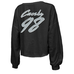 Maxx Crosby Las Vegas Raiders Majestic Threads Women's Name & Number Off-Shoulder Script Cropped Long Sleeve Relaxed V-Neck T-Shirt Black | NFL