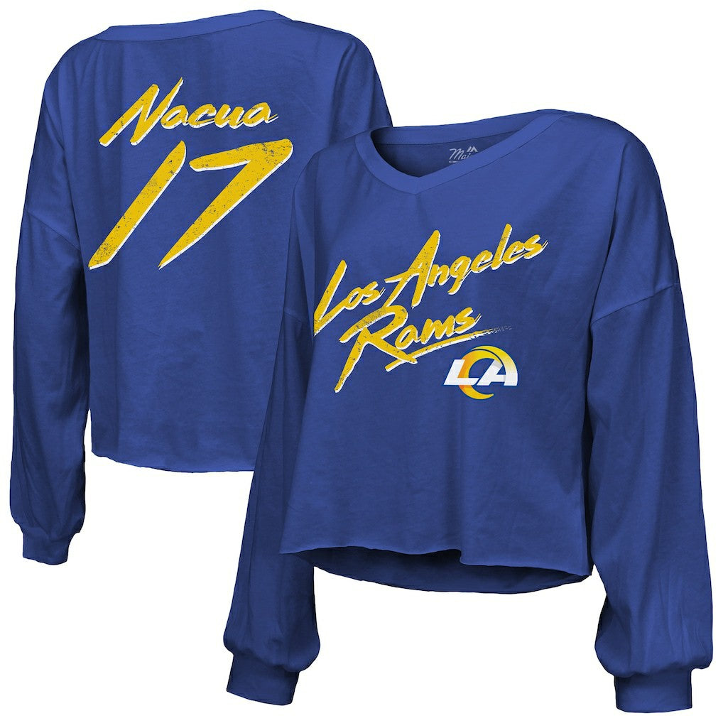 Puka Nacua Los Angeles Rams Majestic Threads Women's Off-Shoulder Script Player Name & Number Cropped Long Sleeve V-Neck T-Shirt Royal | NFL