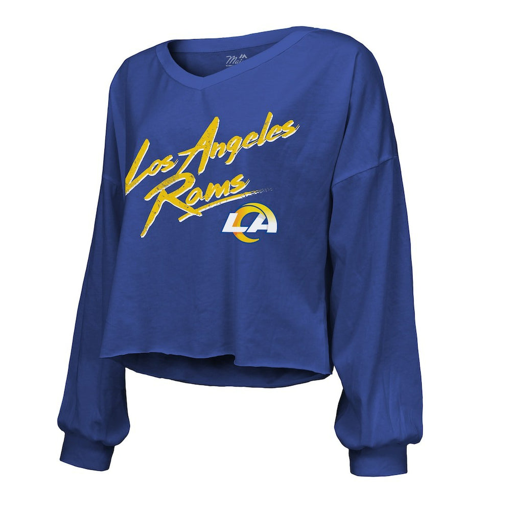 Puka Nacua Los Angeles Rams Majestic Threads Women's Off-Shoulder Script Player Name & Number Cropped Long Sleeve V-Neck T-Shirt Royal | NFL