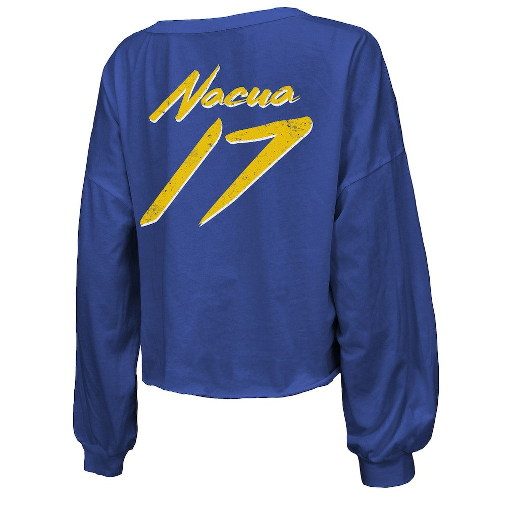 Puka Nacua Los Angeles Rams Majestic Threads Women's Off-Shoulder Script Player Name & Number Cropped Long Sleeve V-Neck T-Shirt Royal | NFL