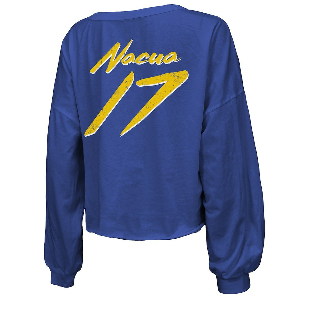 Puka Nacua Los Angeles Rams Majestic Threads Women's Off-Shoulder Script Player Name & Number Cropped Long Sleeve V-Neck T-Shirt Royal | NFL