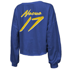 Puka Nacua Los Angeles Rams Majestic Threads Women's Off-Shoulder Script Player Name & Number Cropped Long Sleeve V-Neck T-Shirt Royal | NFL