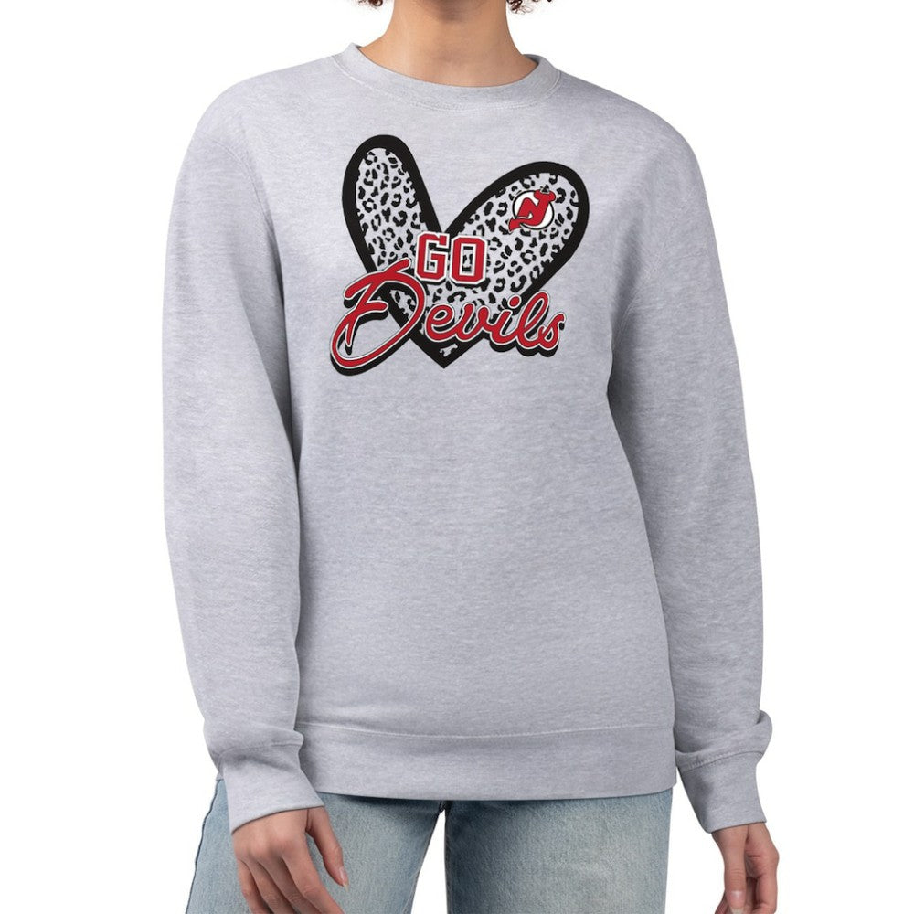 New Jersey Devils G-III 4Her by Carl Banks Women's Animal Print Heart Fleece Pullover Sweatshirt - Heather Gray - NHL