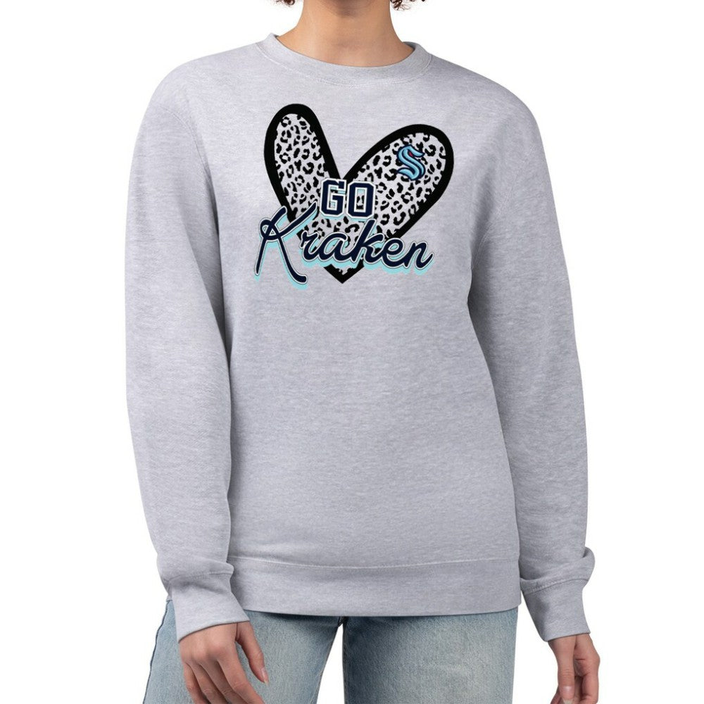 Seattle Kraken G-III 4Her by Carl Banks Women's Animal Print Heart Fleece Pullover Sweatshirt - Heather Gray - NHL