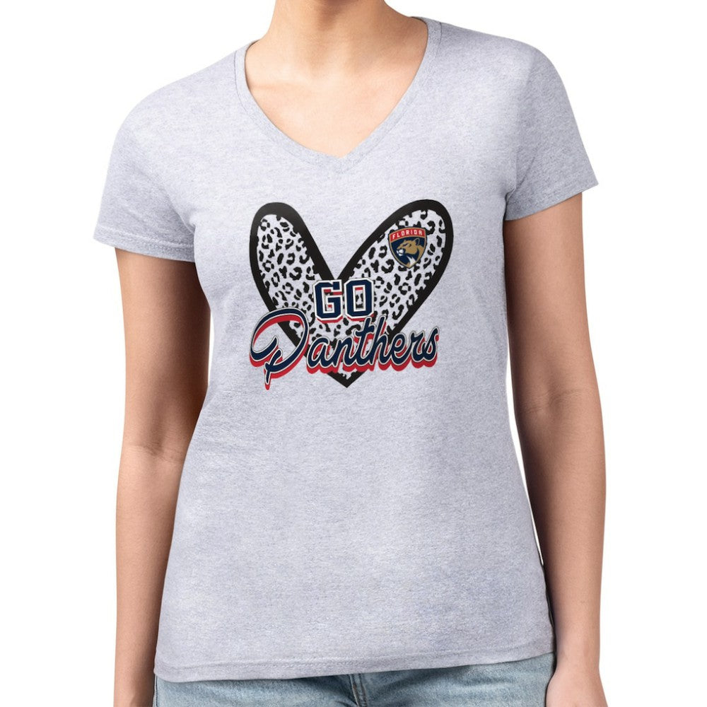Florida Panthers G-III 4Her by Carl Banks Women's Super-Slim Fit Lightweight Animal Print Heart V-Neck T-Shirt - Heather Gray - NHL