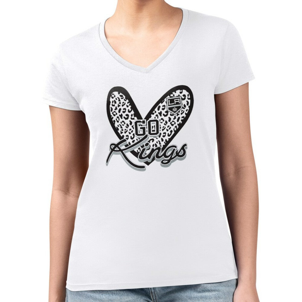 Los Angeles Kings G-III 4Her by Carl Banks Women's Super-Slim Fit Lightweight Animal Print Heart V-Neck T-Shirt - White - NHL