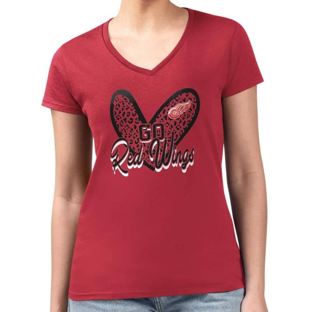 Detroit Red Wings G-III 4Her by Carl Banks Women's Super-Slim Fit Lightweight Animal Print Heart V-Neck T-Shirt - Red - NHL