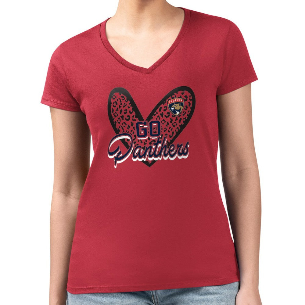 Florida Panthers G-III 4Her by Carl Banks Women's Super-Slim Fit Lightweight Animal Print Heart V-Neck T-Shirt - Red - NHL