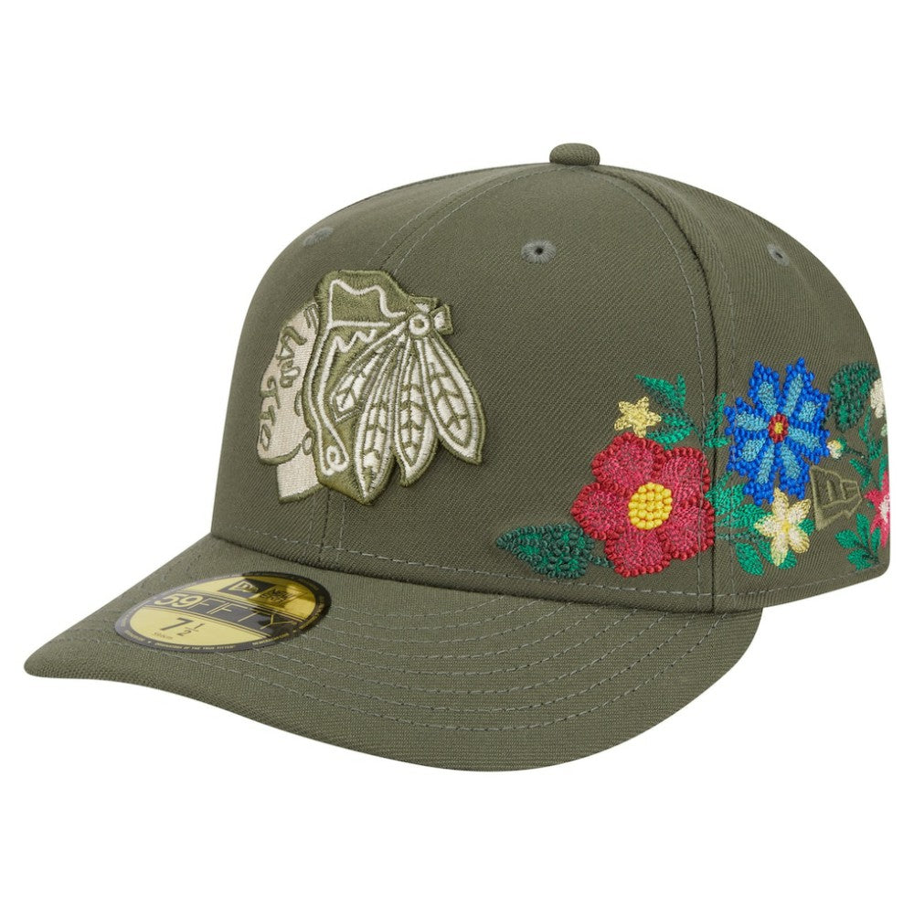 Chicago Blackhawks New Era Tonal Florals 59FIFTY Fitted Hat - Olive - NHL