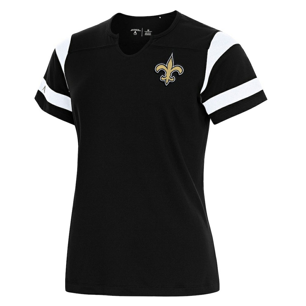 New Orleans Saints Antigua Women's Encounter Short Sleeve Notch Neck Top Black | NFL