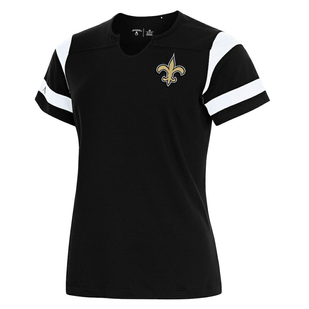 New Orleans Saints Antigua Women's Encounter Short Sleeve Notch Neck Top Black | NFL