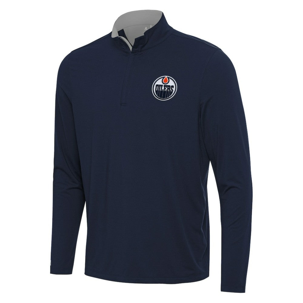 Edmonton Oilers Antigua Content Quarter-Zip Pullover Top - Navy/Gray - NHL