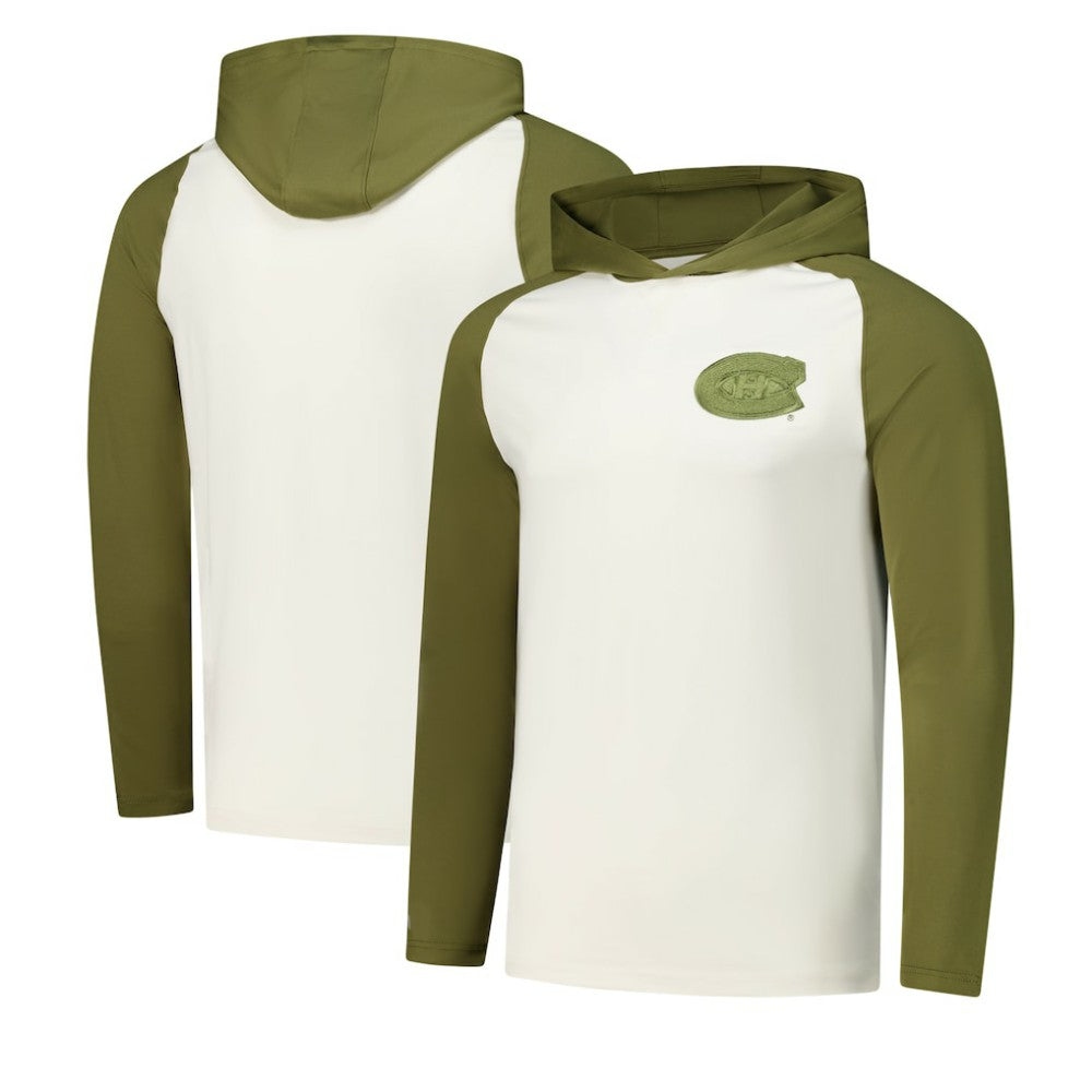 Montreal Canadiens Antigua Intrepid Sand Raglan Long Sleeve Hoodie T-Shirt - Cream/Olive - NHL