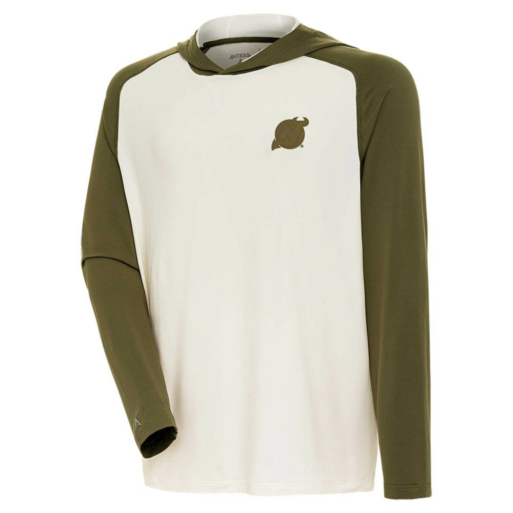 New Jersey Devils Antigua Intrepid Sand Raglan Long Sleeve Hoodie T-Shirt - Cream/Olive - NHL