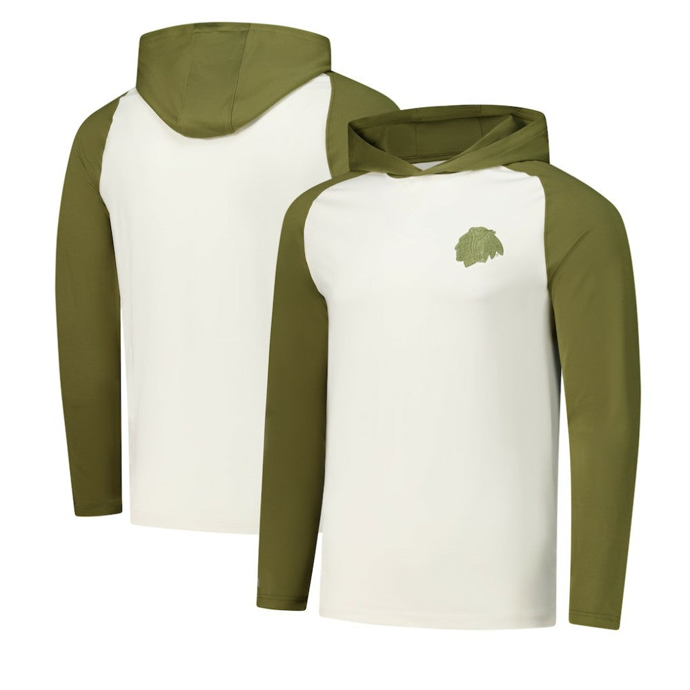 Chicago Blackhawks Antigua Intrepid Sand Raglan Long Sleeve Hoodie T-Shirt - Cream/Olive - NHL