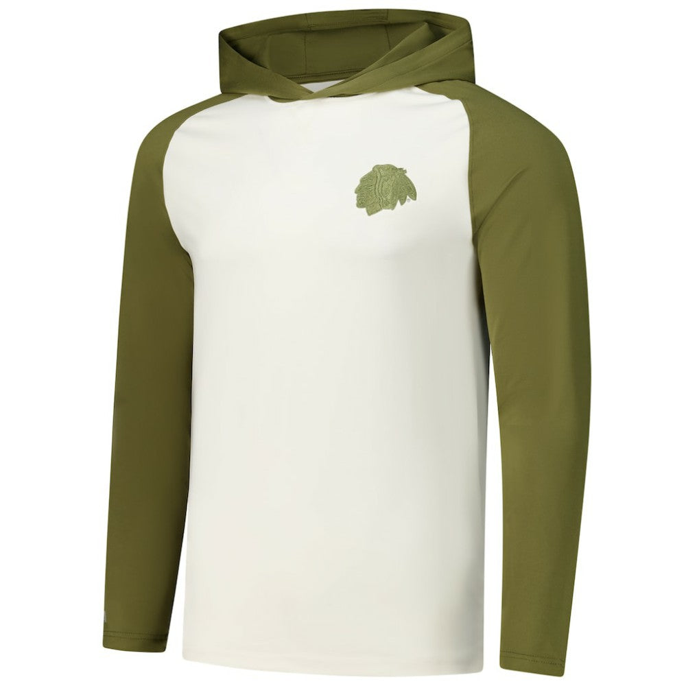 Chicago Blackhawks Antigua Intrepid Sand Raglan Long Sleeve Hoodie T-Shirt - Cream/Olive - NHL