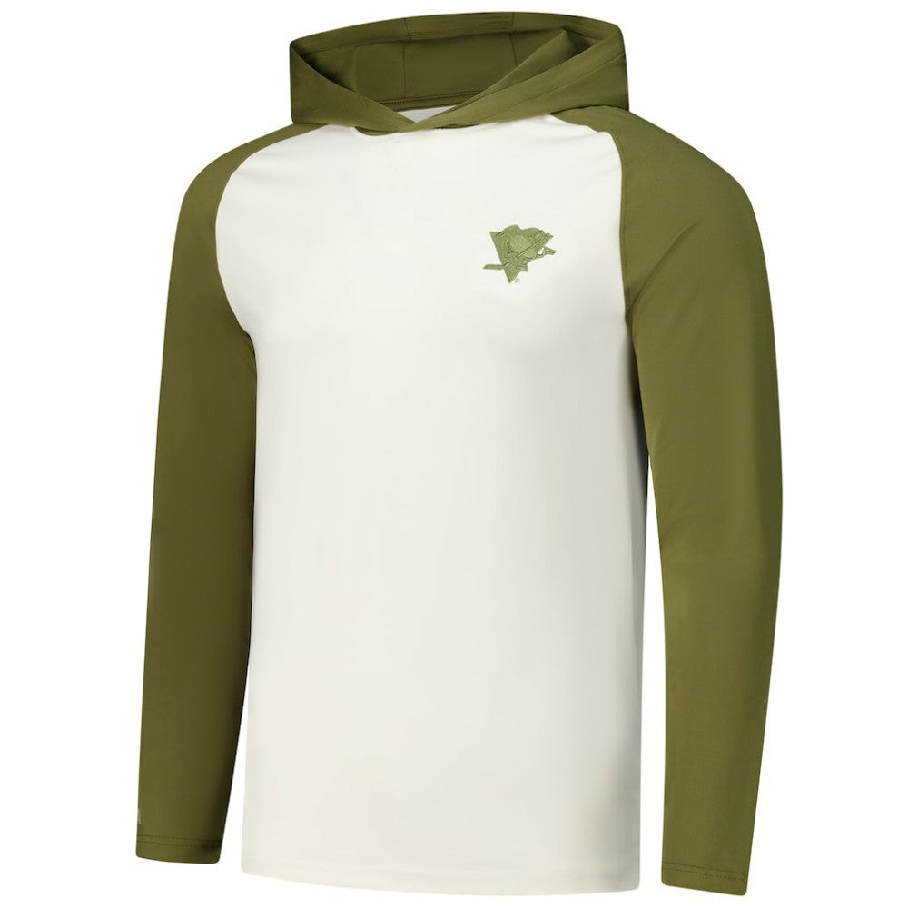 Pittsburgh Penguins Antigua Intrepid Sand Raglan Long Sleeve Hoodie T-Shirt - Cream/Olive - NHL