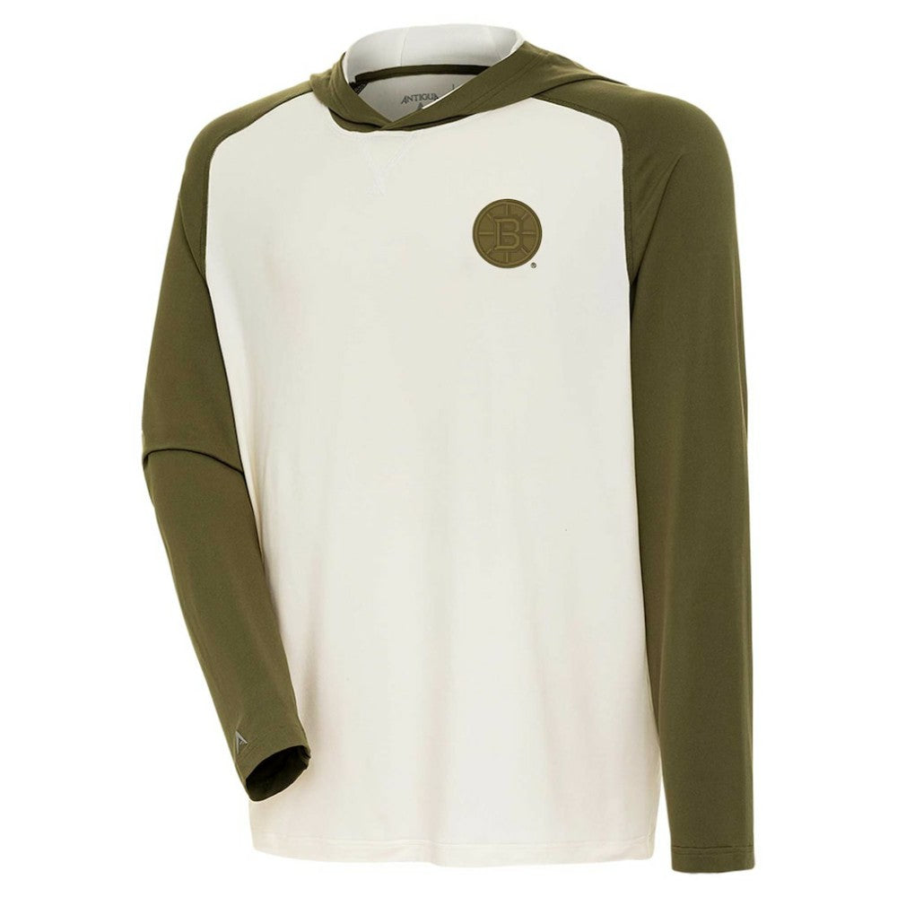 Boston Bruins Antigua Intrepid Sand Raglan Long Sleeve Hoodie T-Shirt - Cream/Olive - NHL