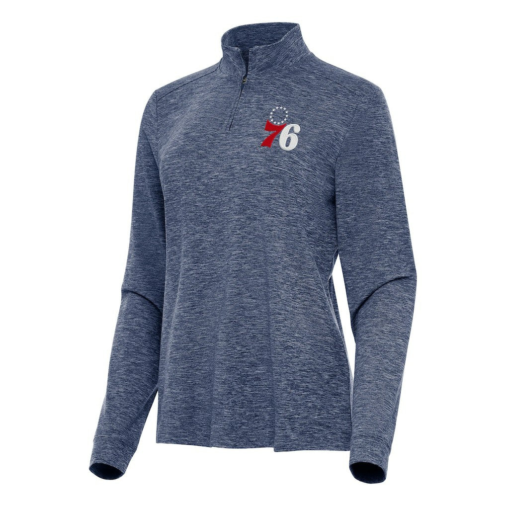 Philadelphia 76ers Antigua Women's Mentor Quarter-Zip Mock Long Sleeve Top Heather Navy - NBA