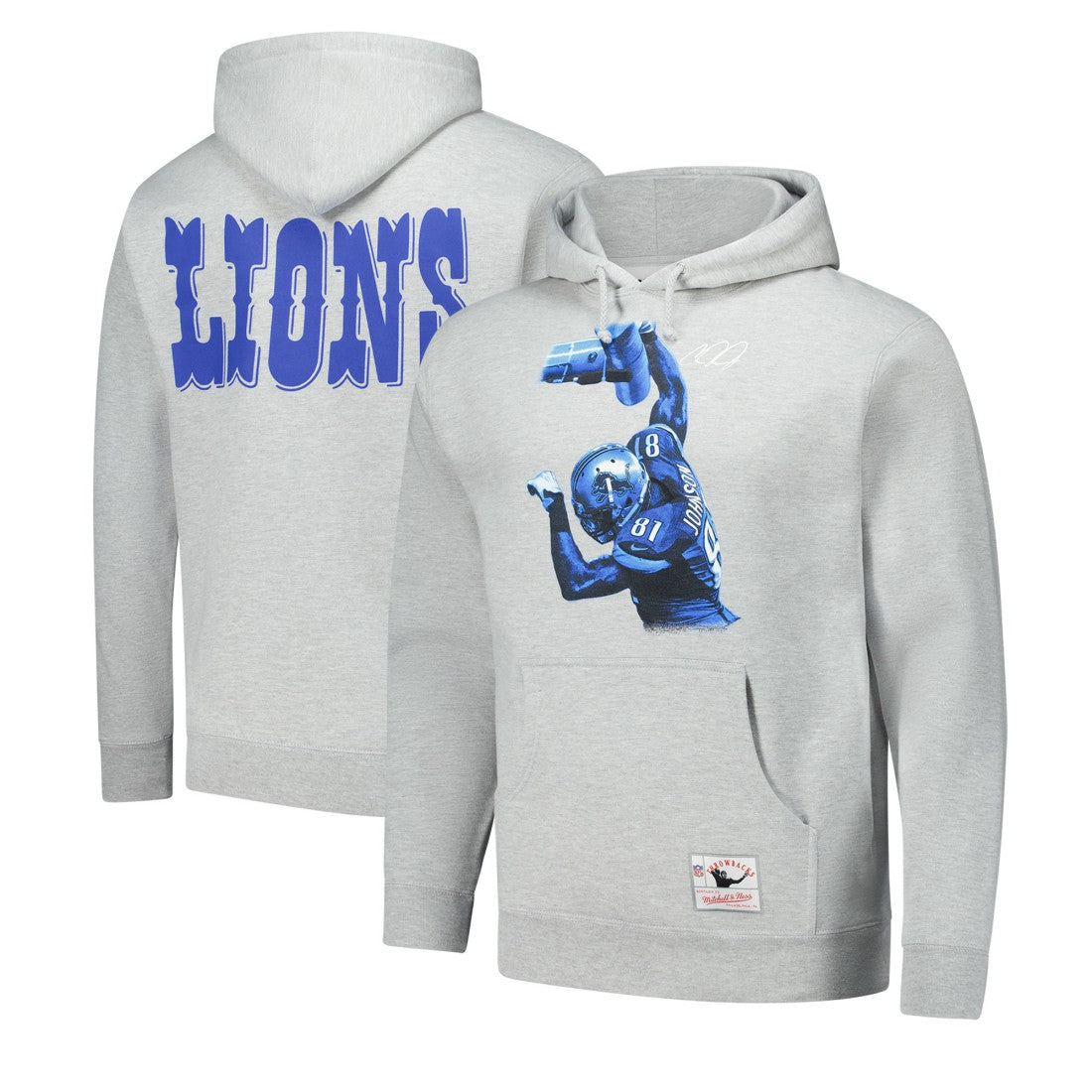 Calvin Johnson Detroit Lions Hall of Fame Player Graphic Pullover Hoodie Heather Gray | Mitchell & Ness