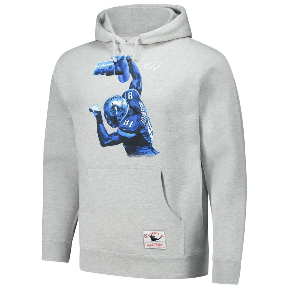 Calvin Johnson Detroit Lions Hall of Fame Player Graphic Pullover Hoodie Heather Gray | Mitchell & Ness