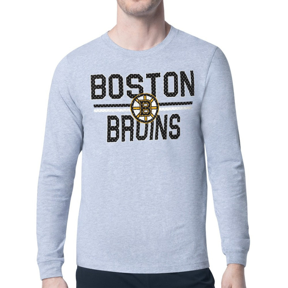 Boston Bruins Starter Mesh Look Team Name Logo Long Sleeve T-Shirt - Heather Gray - NHL