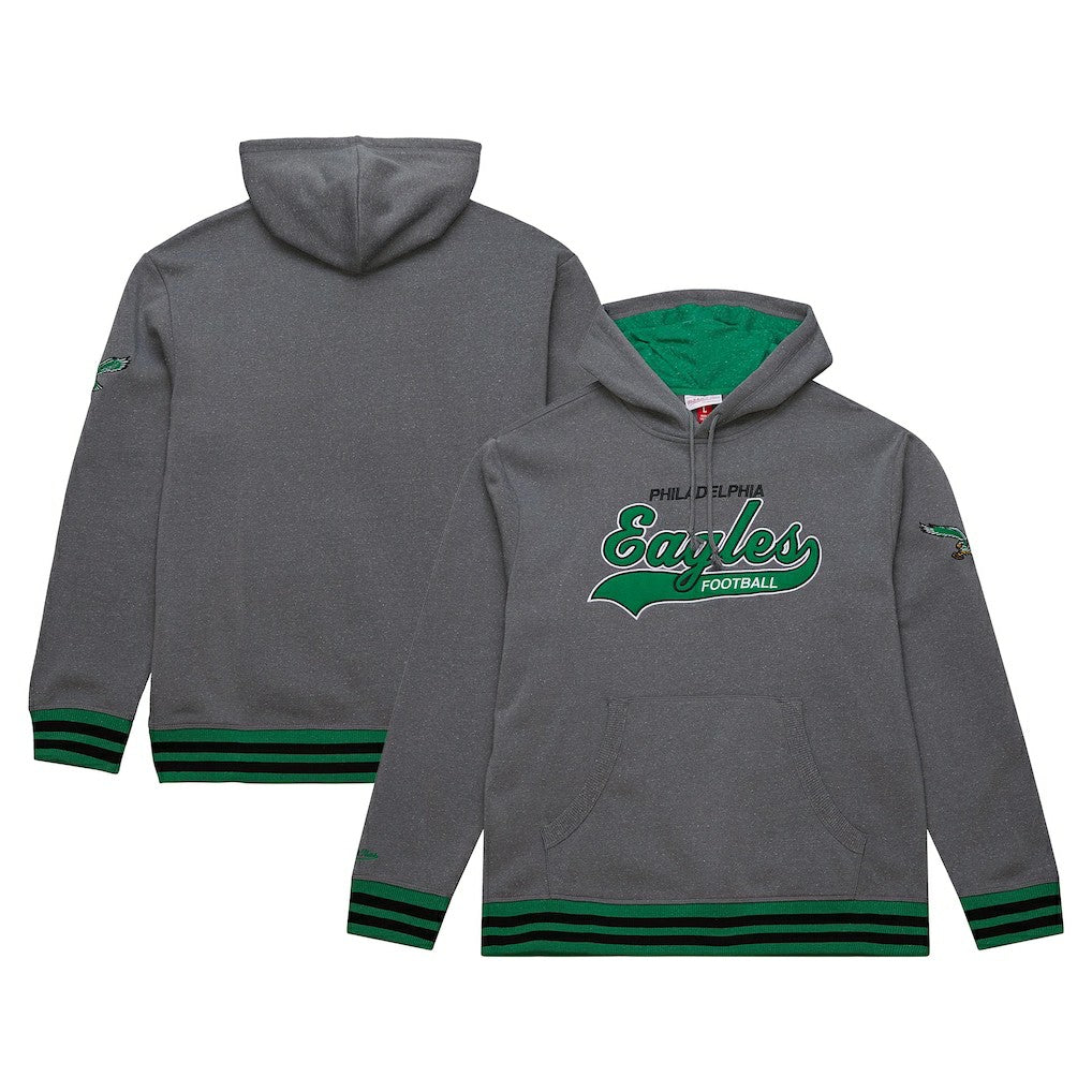 Philadelphia Eagles Vintage Logo Snow Washed Fleece Pullover Hoodie Heather Gray | Mitchell & Ness