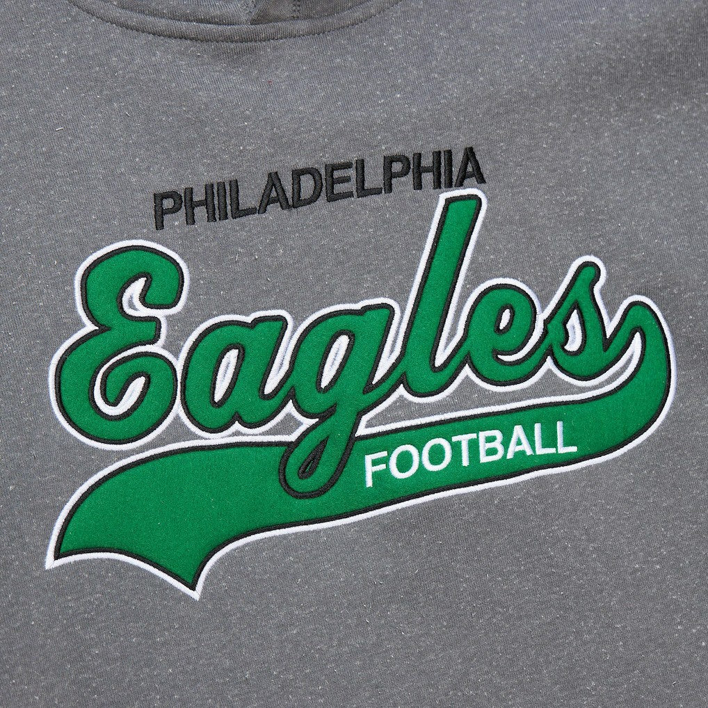 Philadelphia Eagles Vintage Logo Snow Washed Fleece Pullover Hoodie Heather Gray | Mitchell & Ness