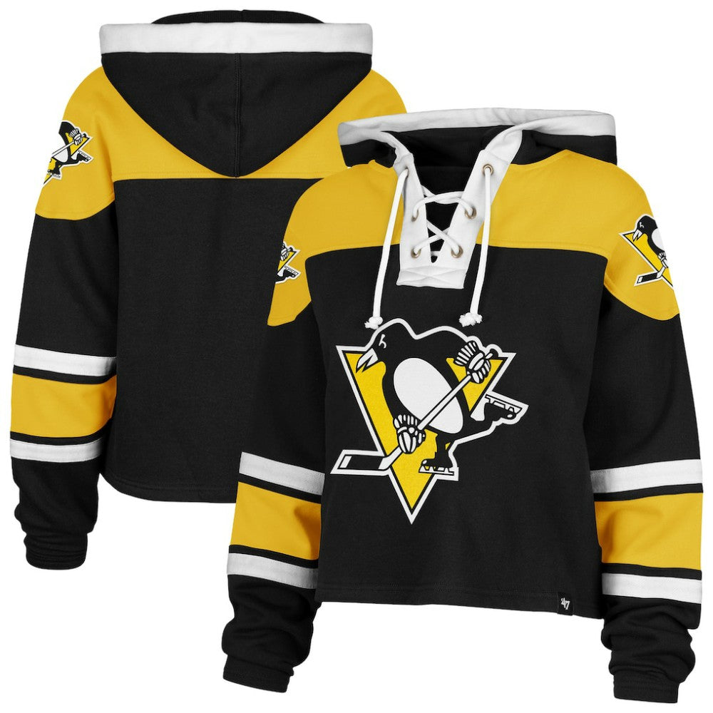 Pittsburgh Penguins '47 Women's Cropped Superior Lacer Pullover Hoodie - Black - NHL