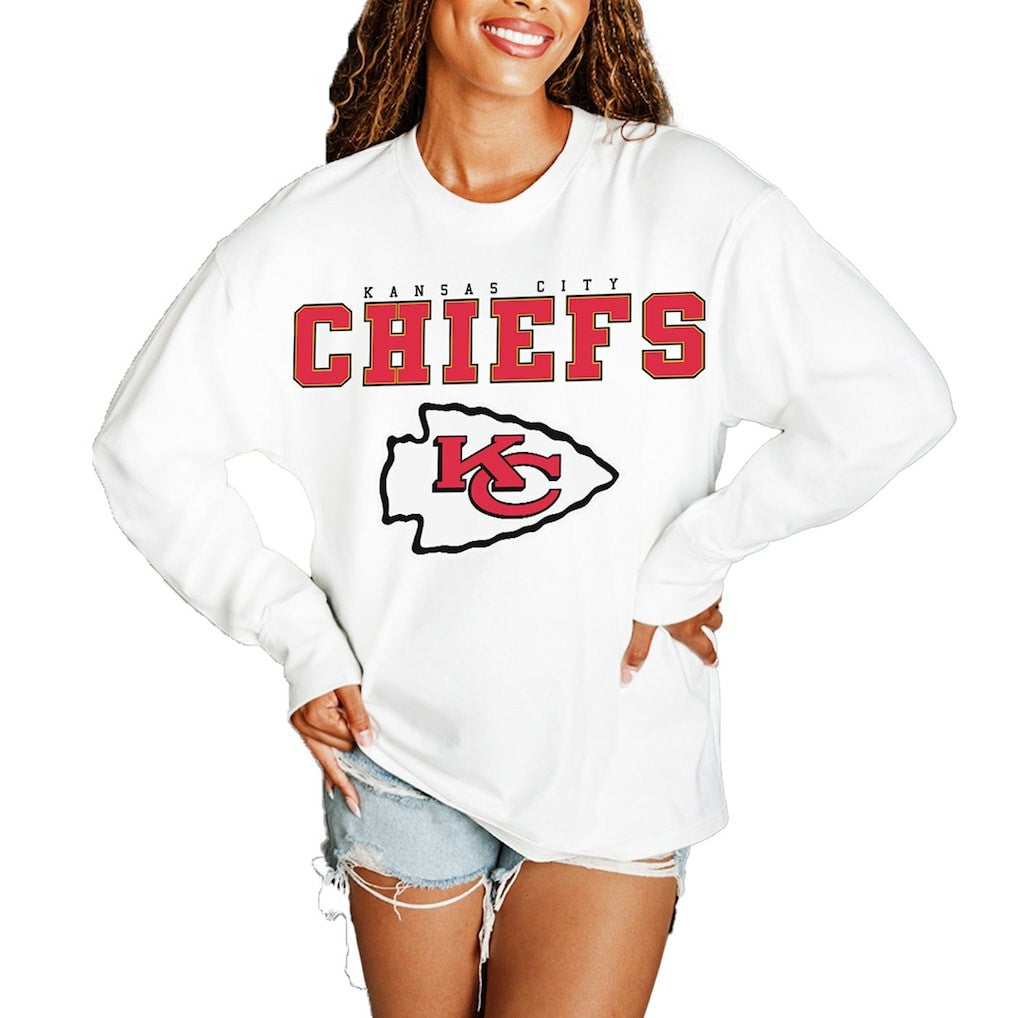 Kansas City Chiefs Gameday Couture Women's Big Goals Oversized Long Sleeve T-Shirt White | NFL