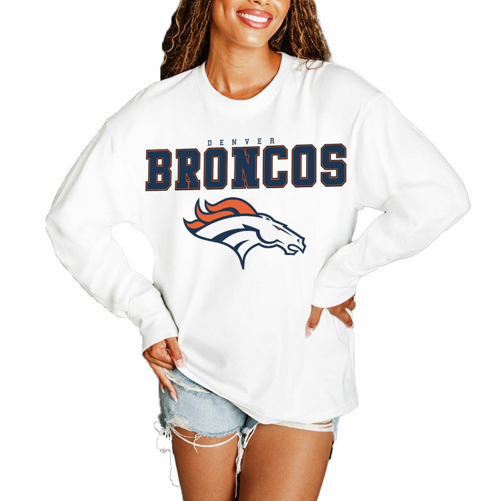 Denver Broncos Gameday Couture Women's Big Goals Oversized Long Sleeve T-Shirt White | NFL