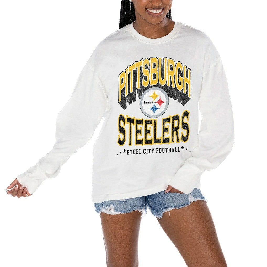 Pittsburgh Steelers Gameday Couture Women's Time Out Oversized Long Sleeve T-Shirt White | NFL