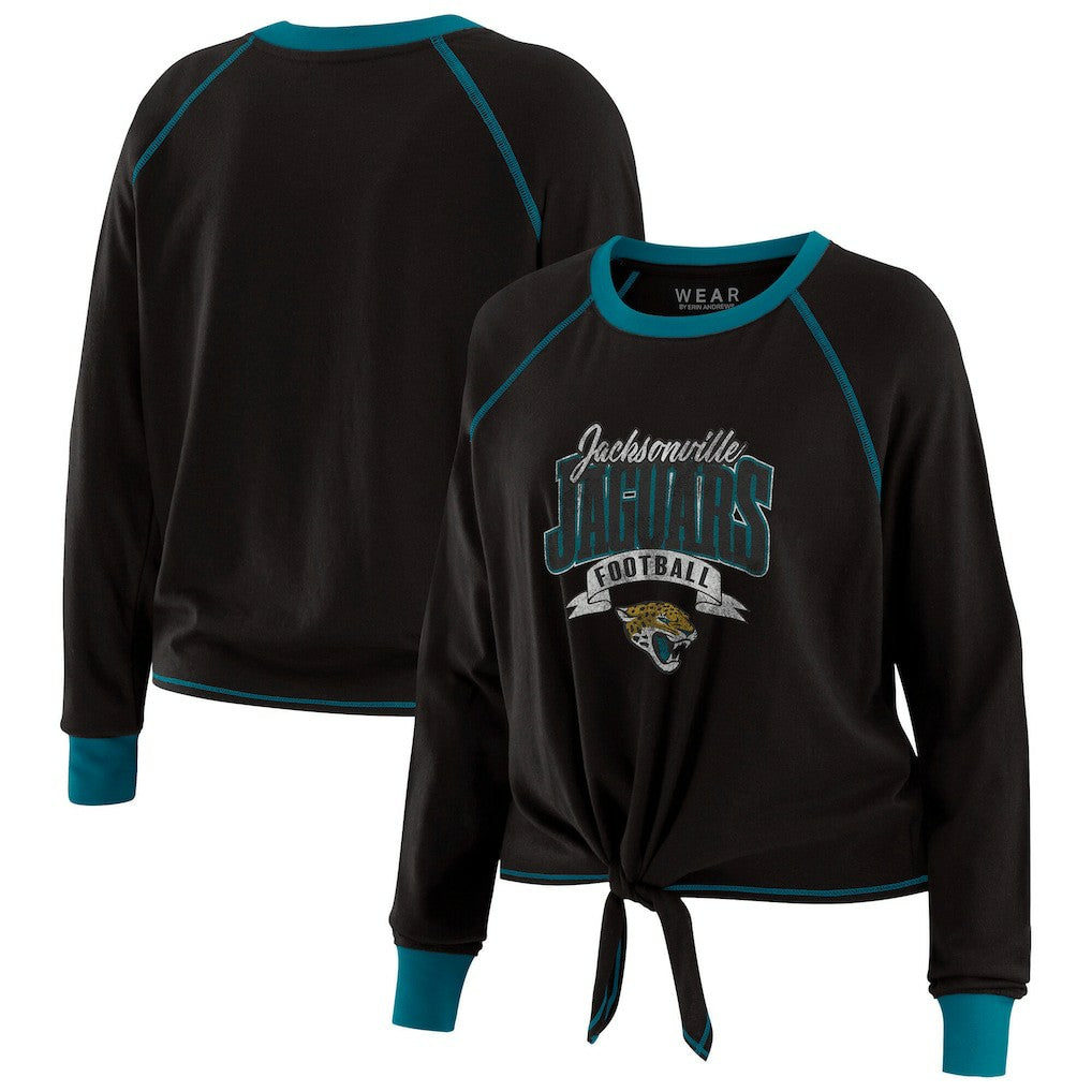 Jacksonville Jaguars WEAR by Erin Andrews Women's Plus Size Tie-Front Long Sleeve Top Black/Teal | NFL
