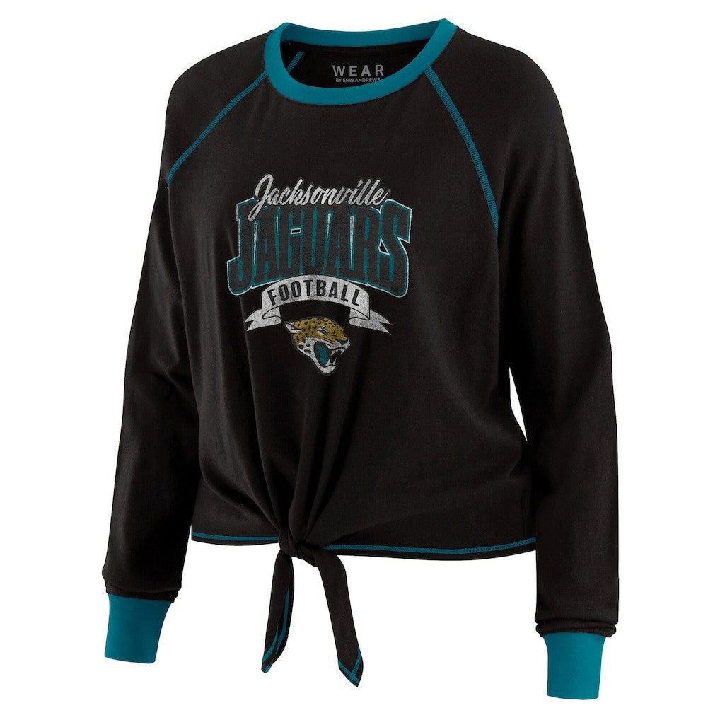 Jacksonville Jaguars WEAR by Erin Andrews Women's Plus Size Tie-Front Long Sleeve Top Black/Teal | NFL