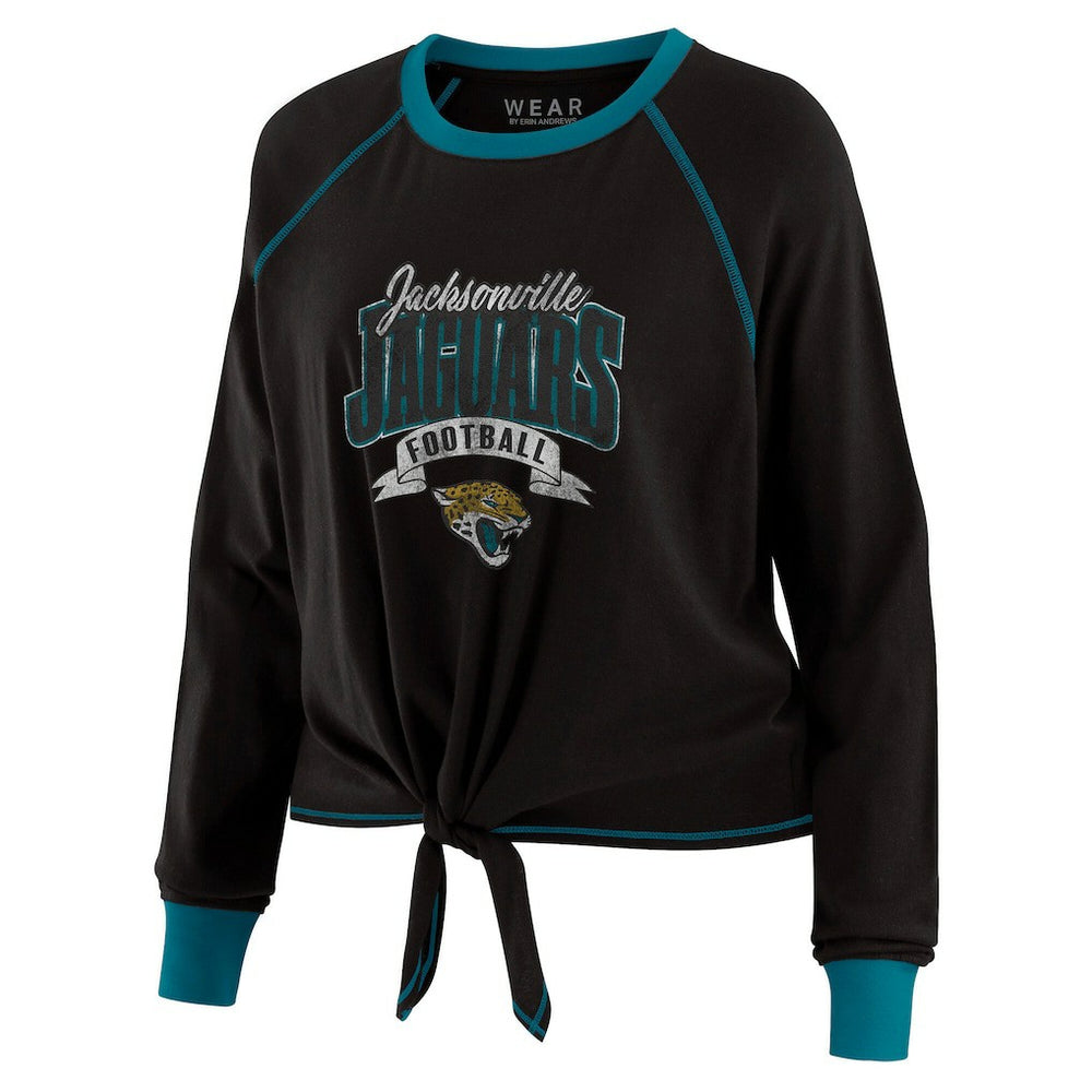 Jacksonville Jaguars WEAR by Erin Andrews Women's Plus Size Tie-Front Long Sleeve Top Black/Teal | NFL