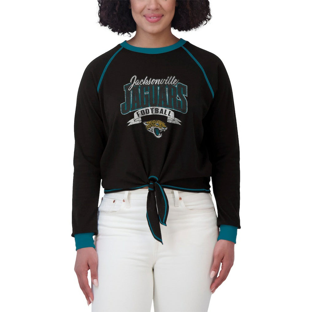 Jacksonville Jaguars WEAR by Erin Andrews Women's Plus Size Tie-Front Long Sleeve Top Black/Teal | NFL
