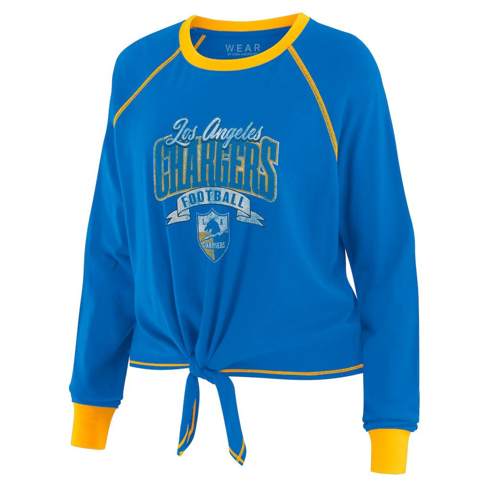 Los Angeles Chargers WEAR by Erin Andrews Women's Plus Size Tie-Front Long Sleeve Top Powder Blue/Gold | NFL