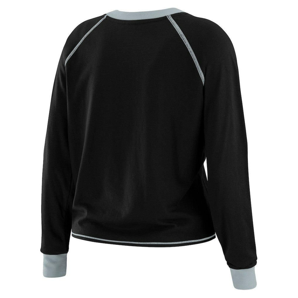 Las Vegas Raiders WEAR by Erin Andrews Women's Plus Size Tie-Front Long Sleeve Top Black/Gray | NFL