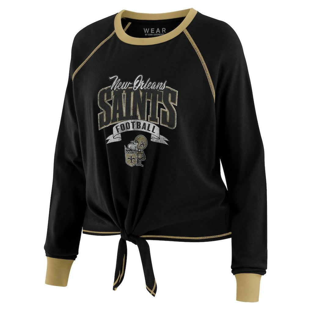 New Orleans Saints WEAR by Erin Andrews Women's Plus Size Tie-Front Long Sleeve Top Black/Gold | NFL