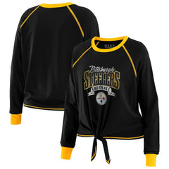 Pittsburgh Steelers WEAR by Erin Andrews Women's Plus Size Tie-Front Long Sleeve Top Black/Gold | NFL