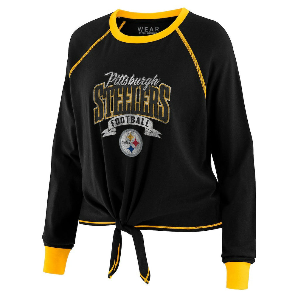Pittsburgh Steelers WEAR by Erin Andrews Women's Plus Size Tie-Front Long Sleeve Top Black/Gold | NFL