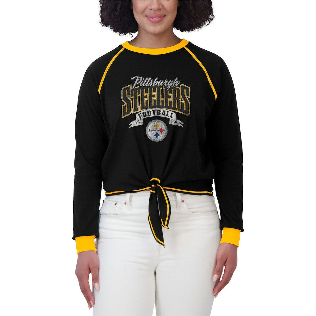 Pittsburgh Steelers WEAR by Erin Andrews Women's Plus Size Tie-Front Long Sleeve Top Black/Gold | NFL