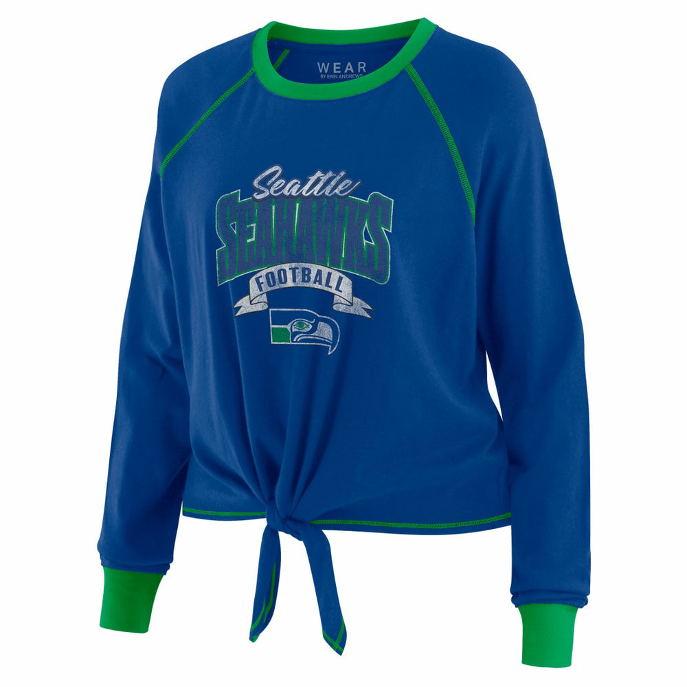 Seattle Seahawks WEAR by Erin Andrews Women's Plus Size Tie-Front Long Sleeve Top Royal/Neon Green | NFL