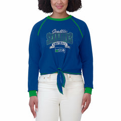 Seattle Seahawks WEAR by Erin Andrews Women's Plus Size Tie-Front Long Sleeve Top Royal/Neon Green | NFL