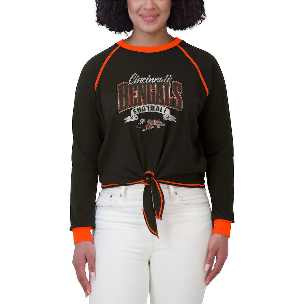 Cincinnati Bengals WEAR by Erin Andrews Women's Plus Size Tie-Front Long Sleeve Top Black/Orange | NFL