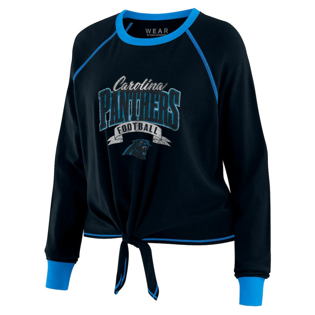 Carolina Panthers WEAR by Erin Andrews Women's Plus Size Tie-Front Long Sleeve Top Black/Blue | NFL