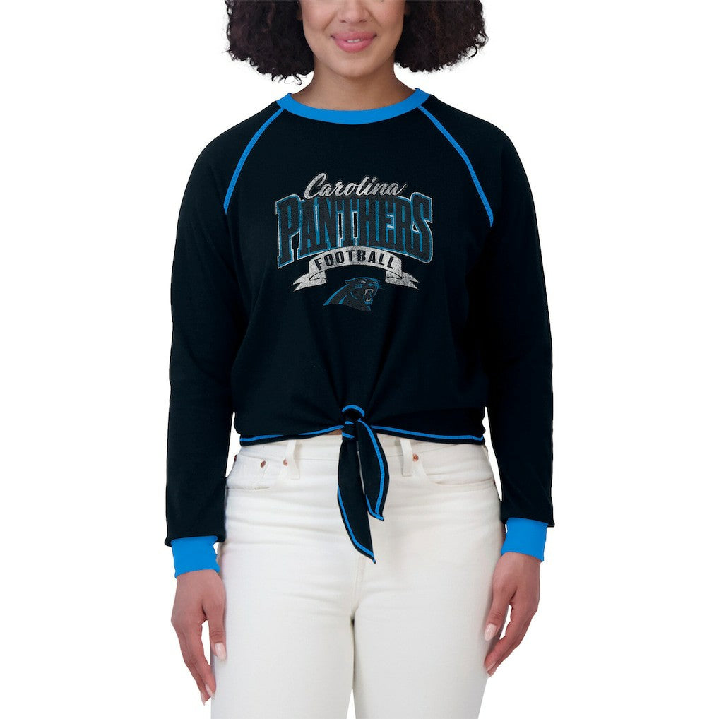 Carolina Panthers WEAR by Erin Andrews Women's Plus Size Tie-Front Long Sleeve Top Black/Blue | NFL