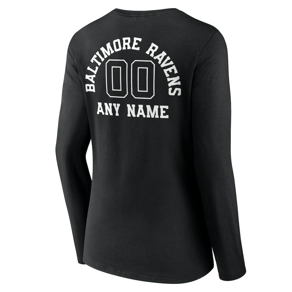 Baltimore Ravens Women's Personalized Name & Number Monochrome Long Sleeve V-Neck T-Shirt Black | NFL
