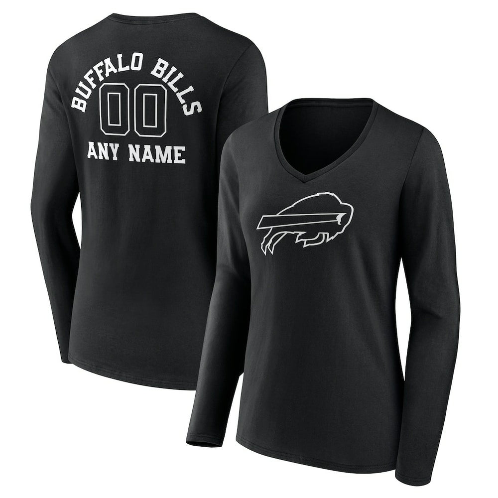 Buffalo Bills Women's Personalized Name & Number Monochrome Long Sleeve V-Neck T-Shirt Black | NFL